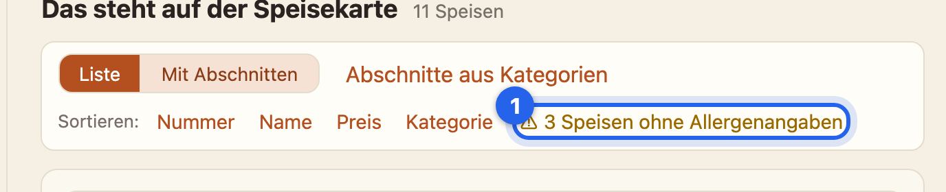 Der Hinweis 3 Speisen ohne Allergenangaben über der Speisekarte