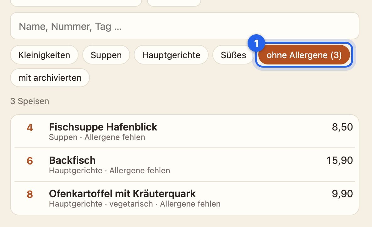 Der Katalog, gefiltert auf die drei Speisen ohne Allergene