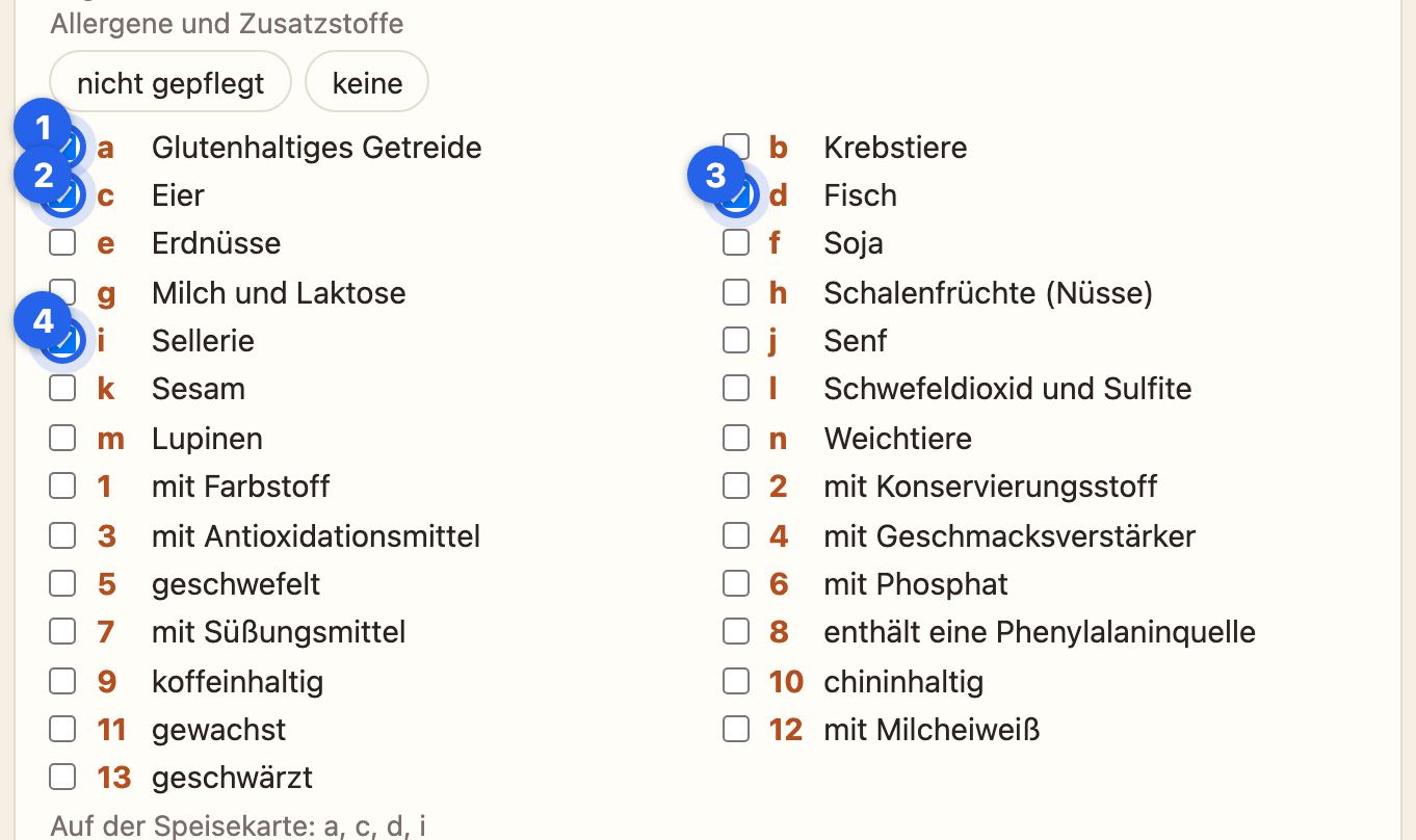 Die Fischsuppe mit den Kürzeln a, c, d und i