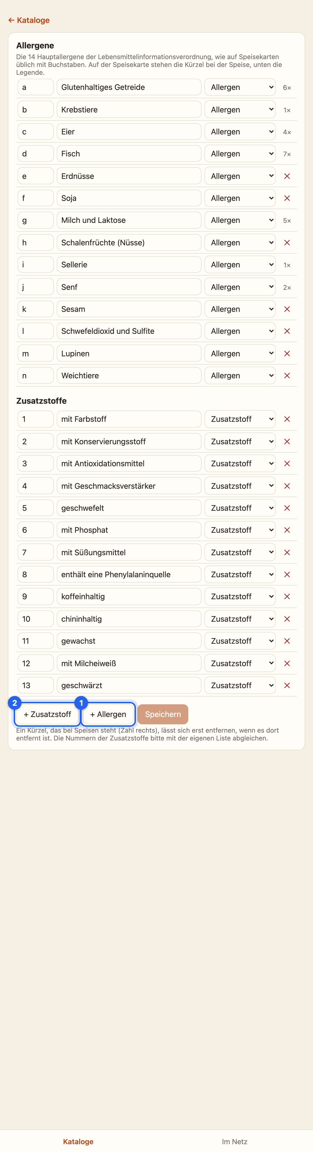 Die Liste der Allergene a bis n und der Zusatzstoffe 1 bis 13