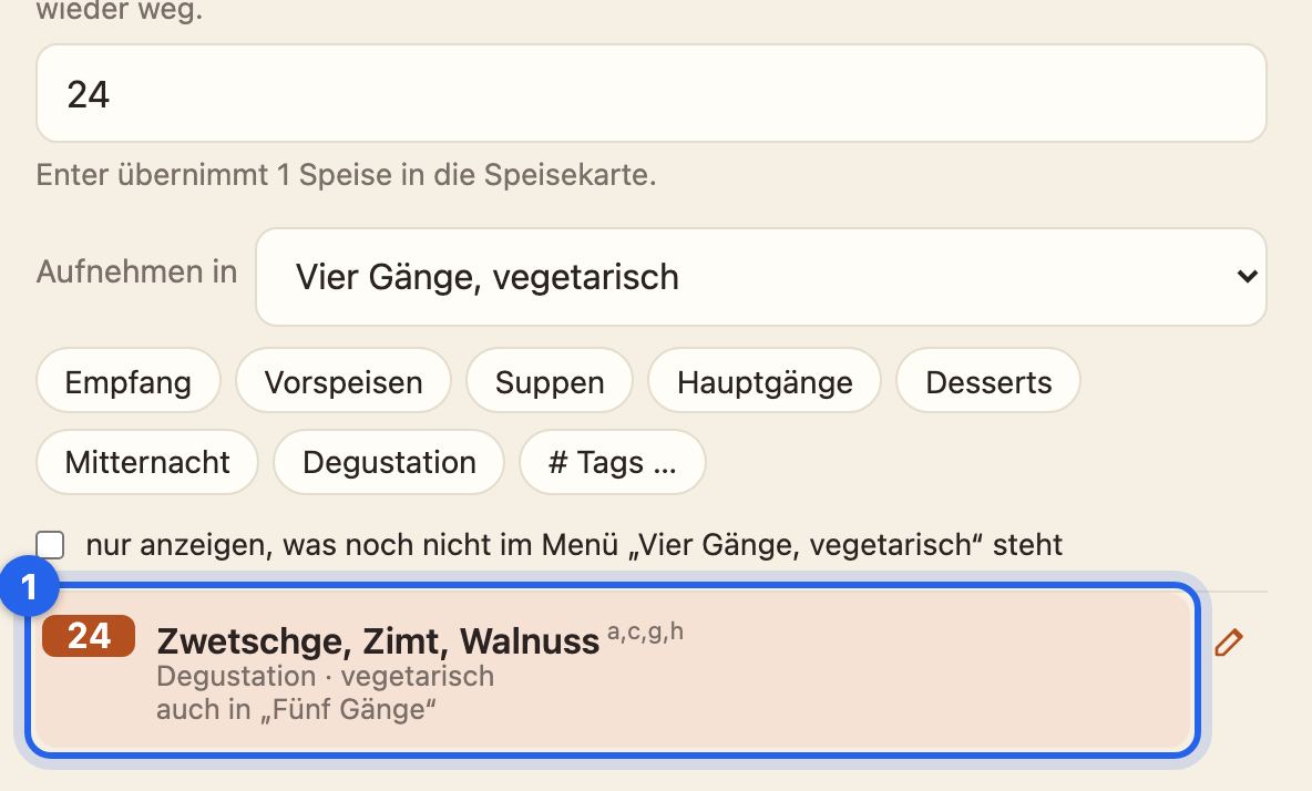 Die Nachspeise in der Auswahl mit dem Hinweis, dass sie auch im Menü Fünf Gänge steht