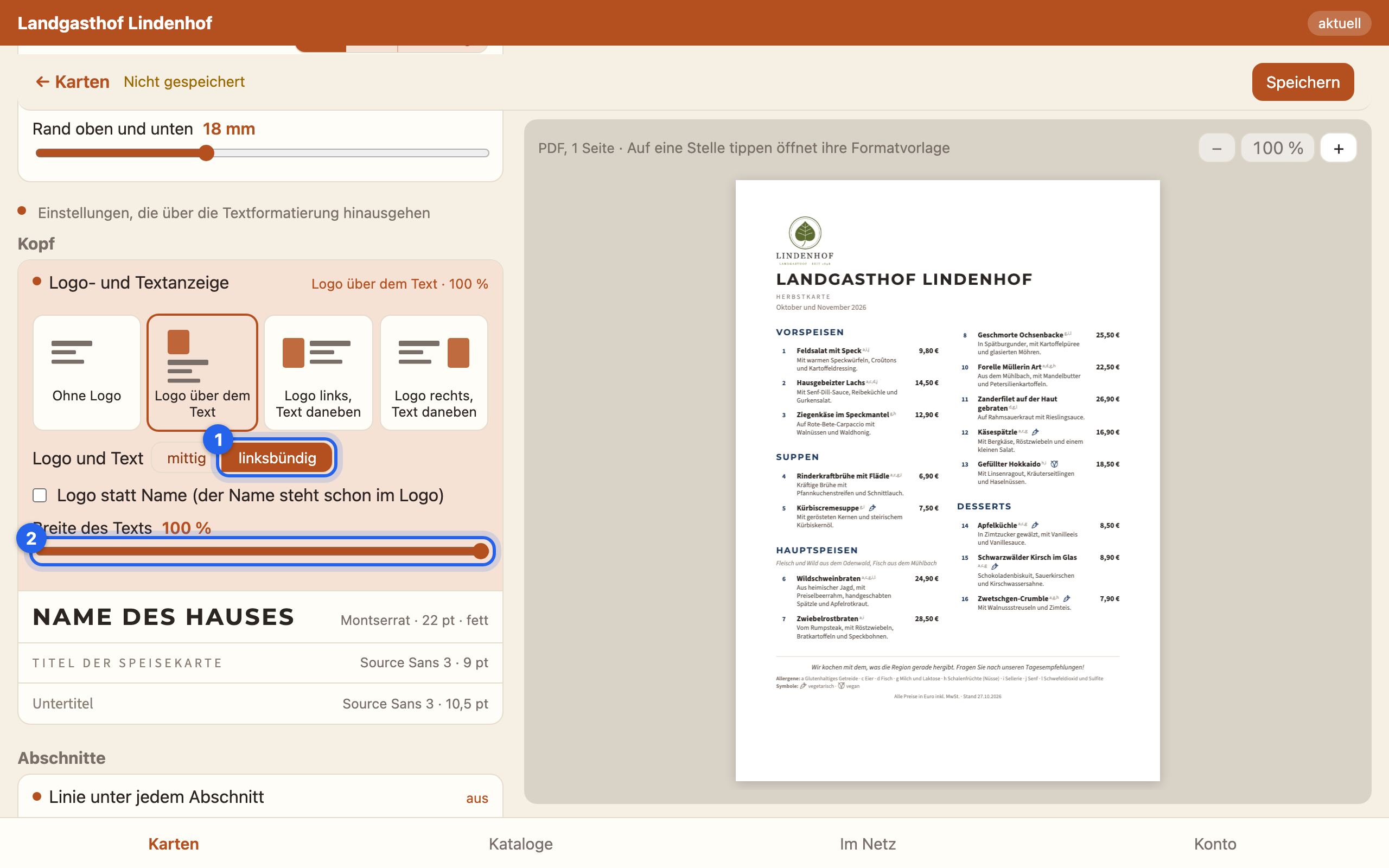Die Einstellungen des Kopfs mit Ausrichtung links und Breite des Texts