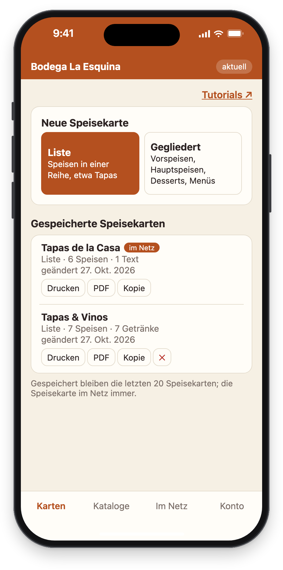 Die Speisekarten auf dem iPhone