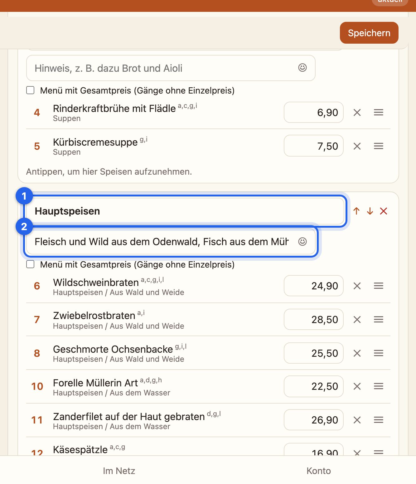 Die Abschnitte Suppen und Hauptspeisen, mit einem Hinweis zu den Hauptspeisen