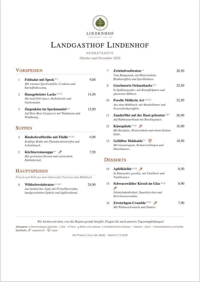 Herbstkarte mit dem Logo mittig über dem Namen