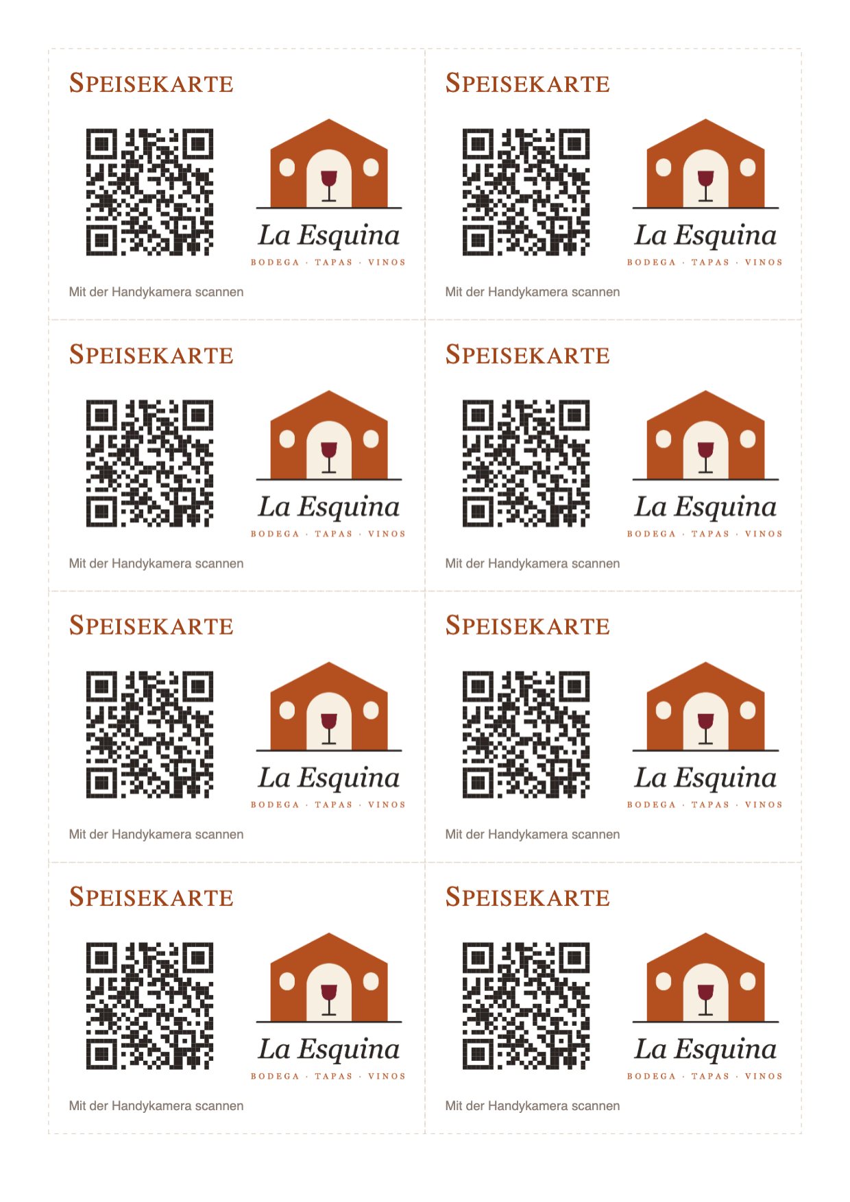 Ein A4-Blatt mit acht QR-Aufklebern, das Logo der Bodega neben dem Code