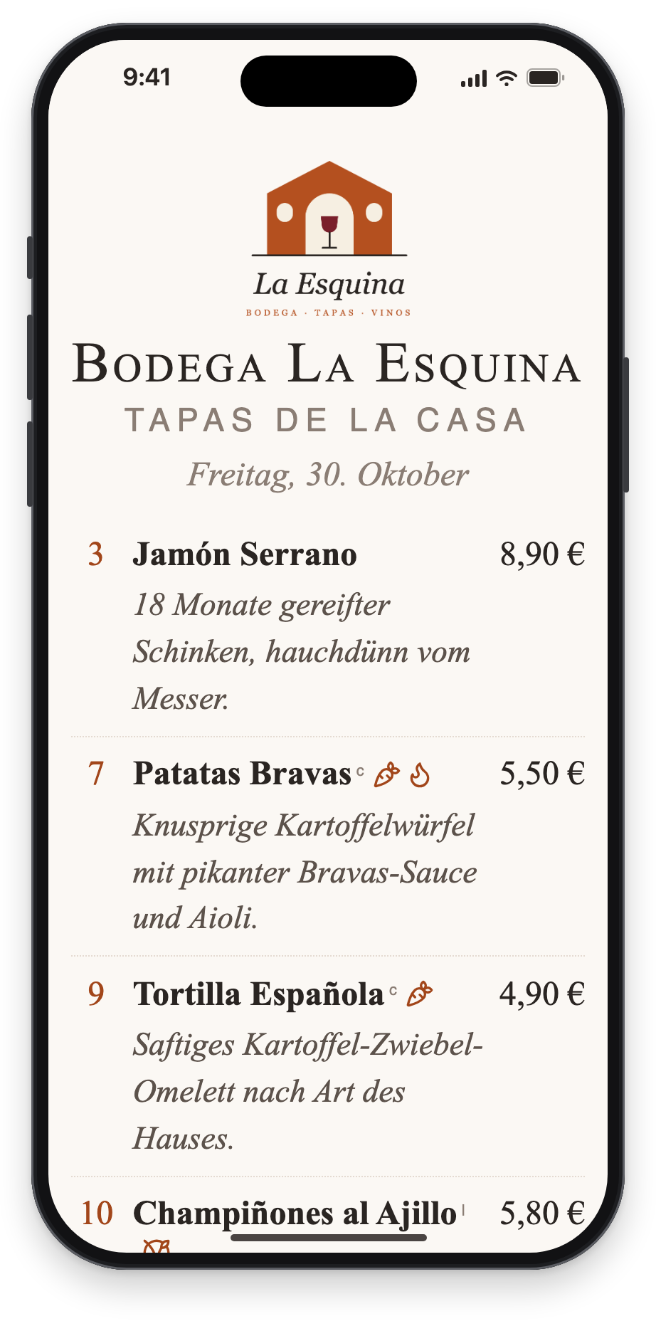 Die Tapas-Karte auf einem iPhone