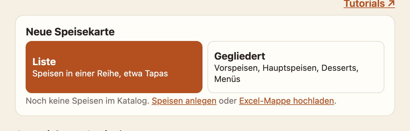 Die leere Seite Karten mit den Links Speisen anlegen und Excel-Mappe hochladen