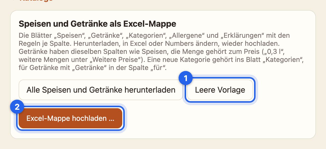 Der Bereich Speisen und Getränke als Excel-Mappe mit Leere Vorlage und Excel-Mappe hochladen
