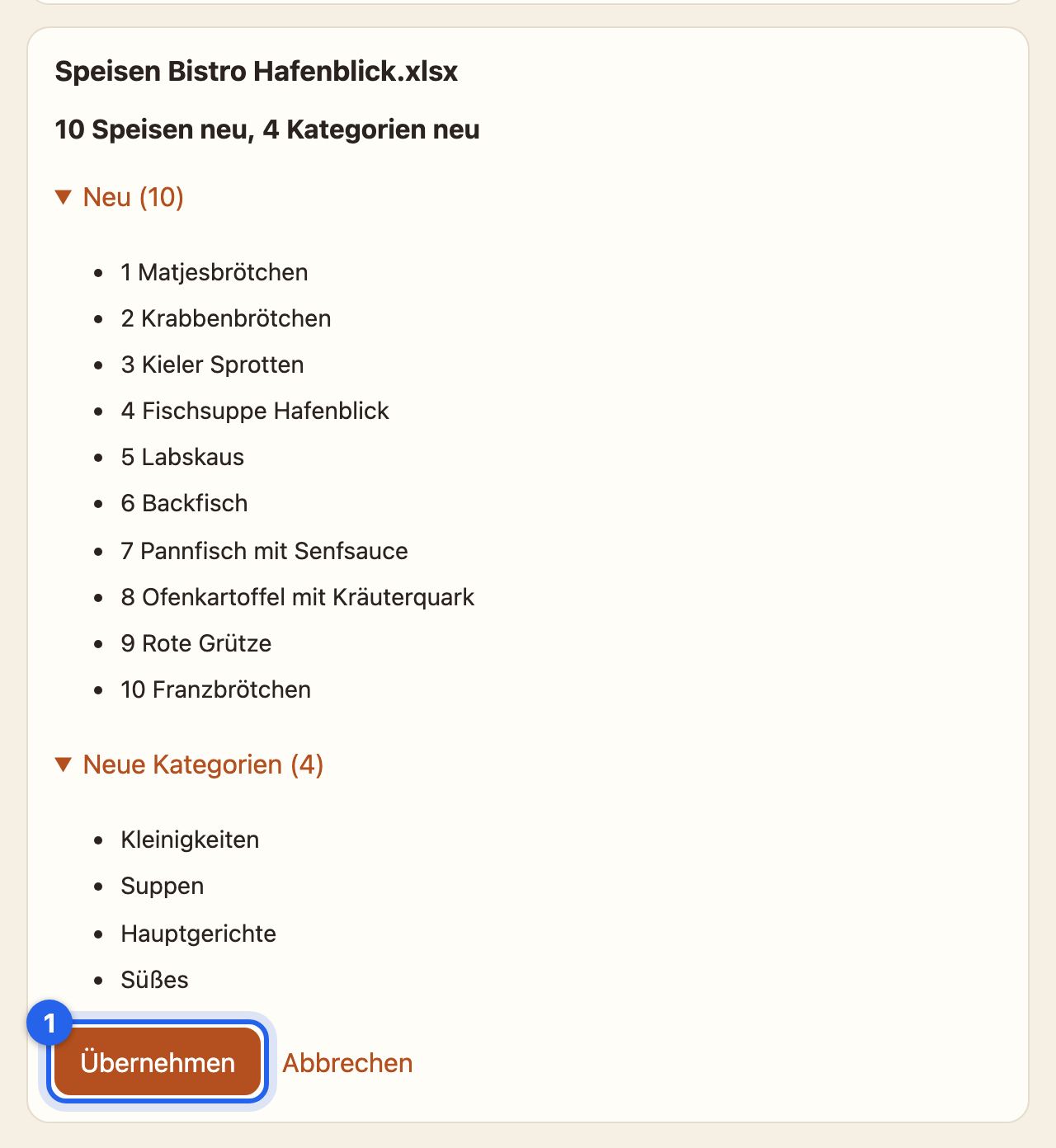 Die Vorschau: 10 Speisen neu, 4 Kategorien neu, mit dem Knopf zum Übernehmen