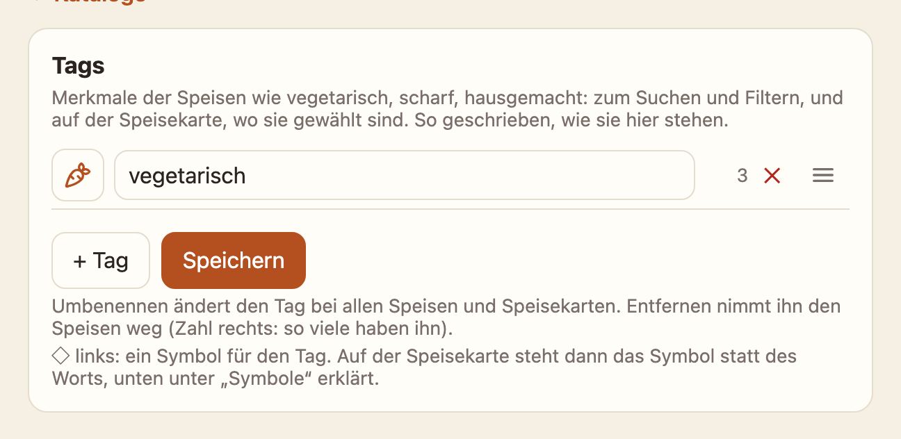 Die Liste der Tags mit vegetarisch und seinem Symbol