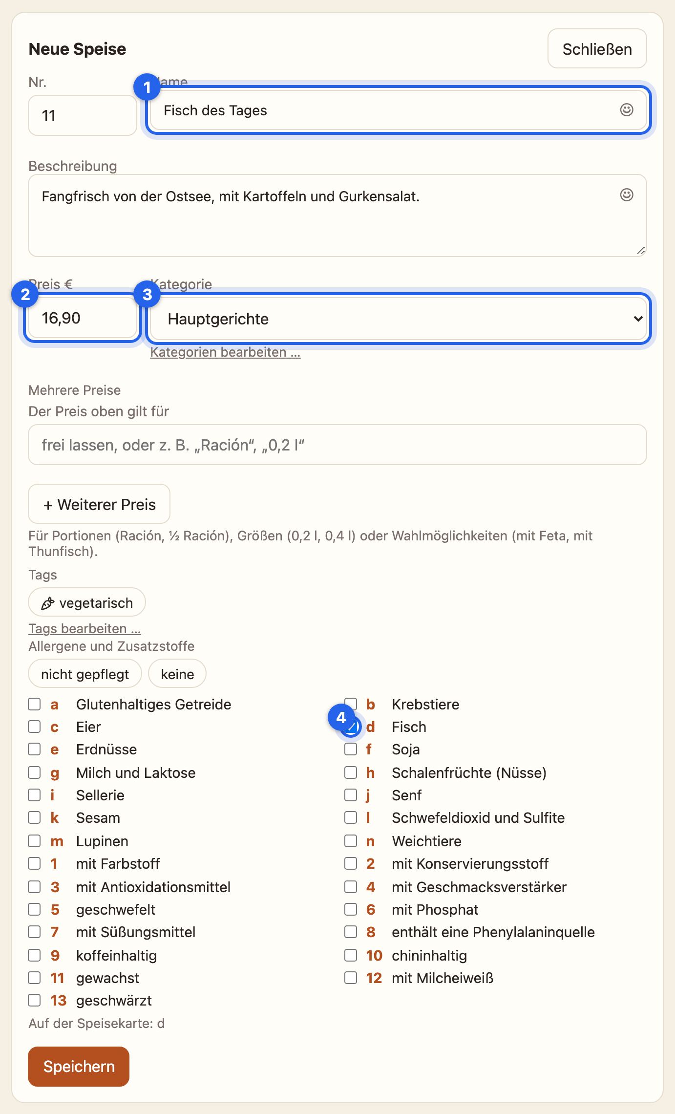 Das Formular einer neuen Speise mit Name, Preis, Kategorie und Allergen Fisch