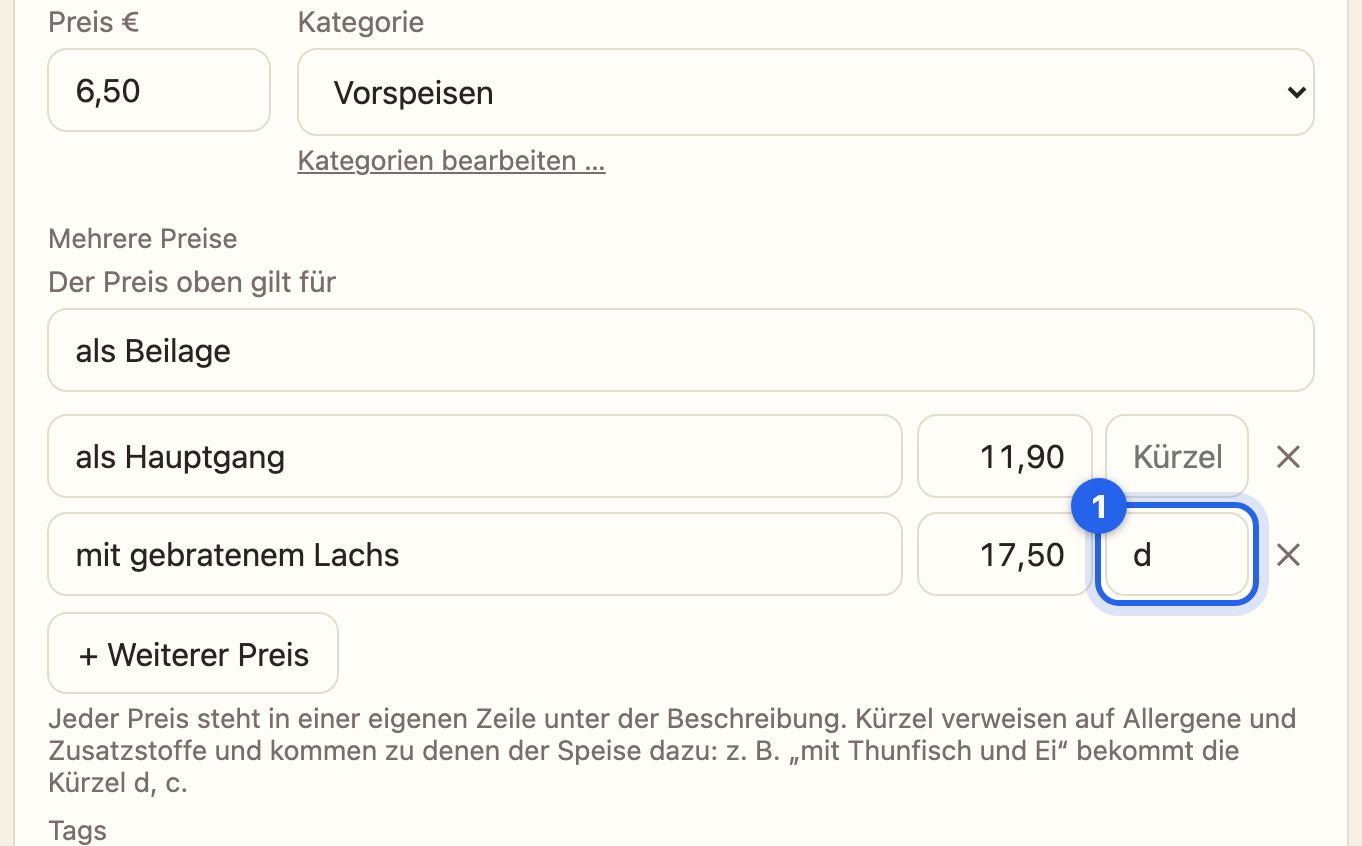 Die Preiszeilen des Salats, die Zeile mit Lachs mit dem Kürzel d