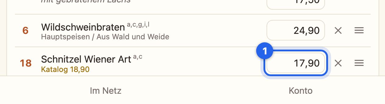 Das Schnitzel auf der Abendkarte mit 17,90 und dem Hinweis Katalog 18,90