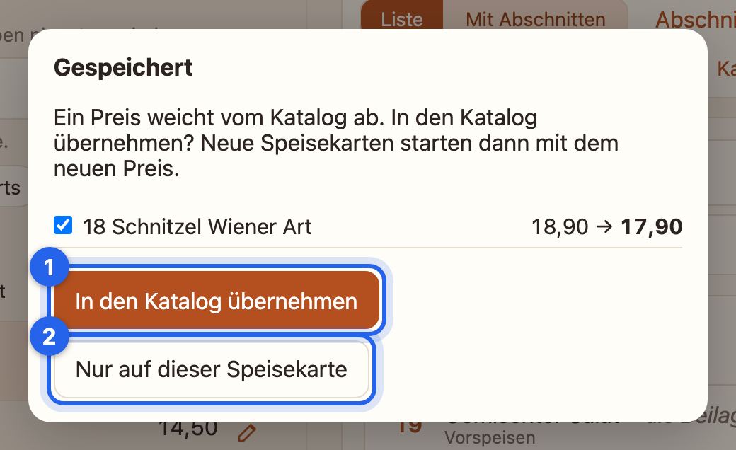 Die Frage nach dem Speichern: In den Katalog übernehmen oder nur auf dieser Speisekarte