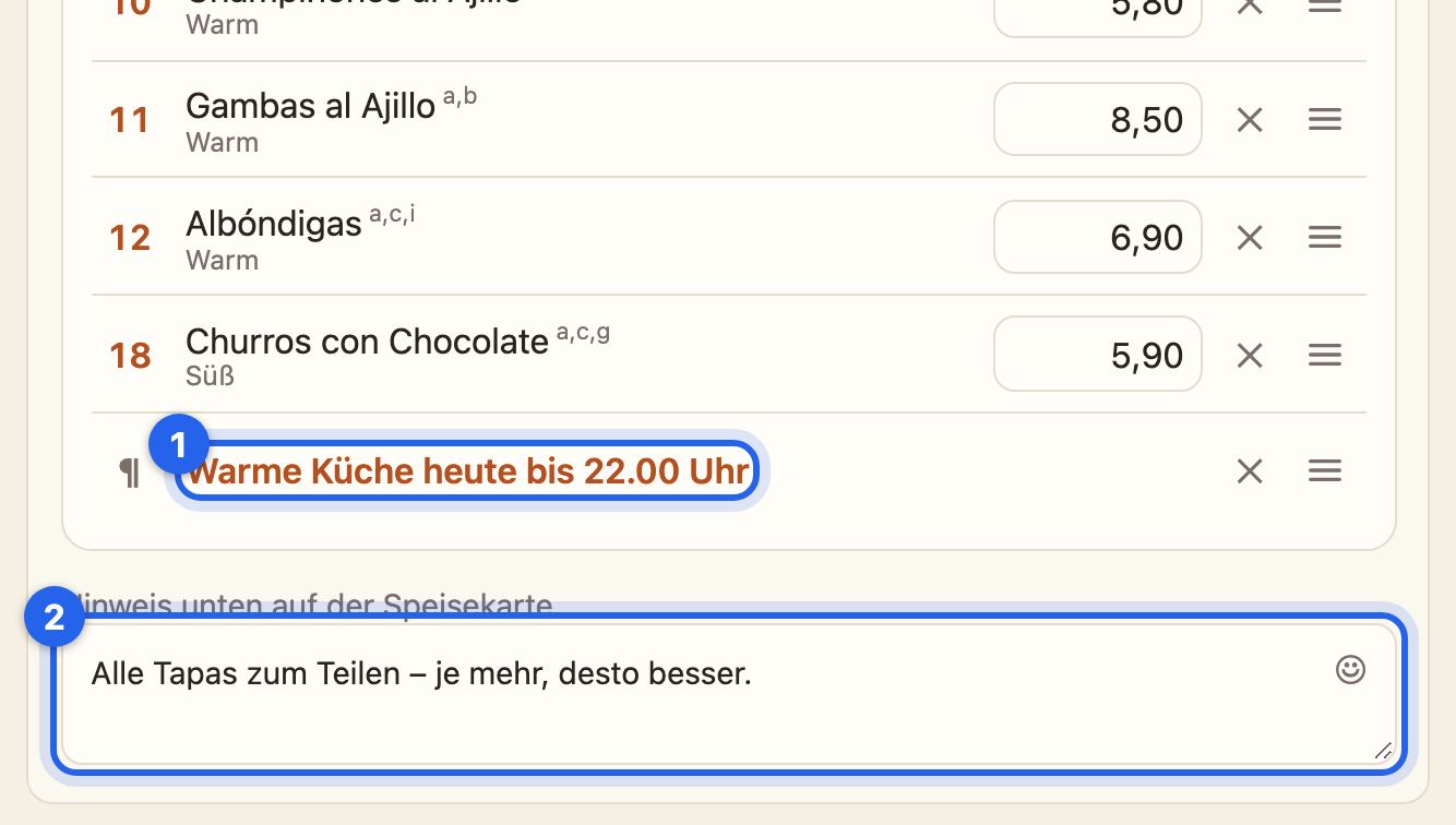 Die Liste der Karte mit dem Text am Ende und dem Hinweis unten