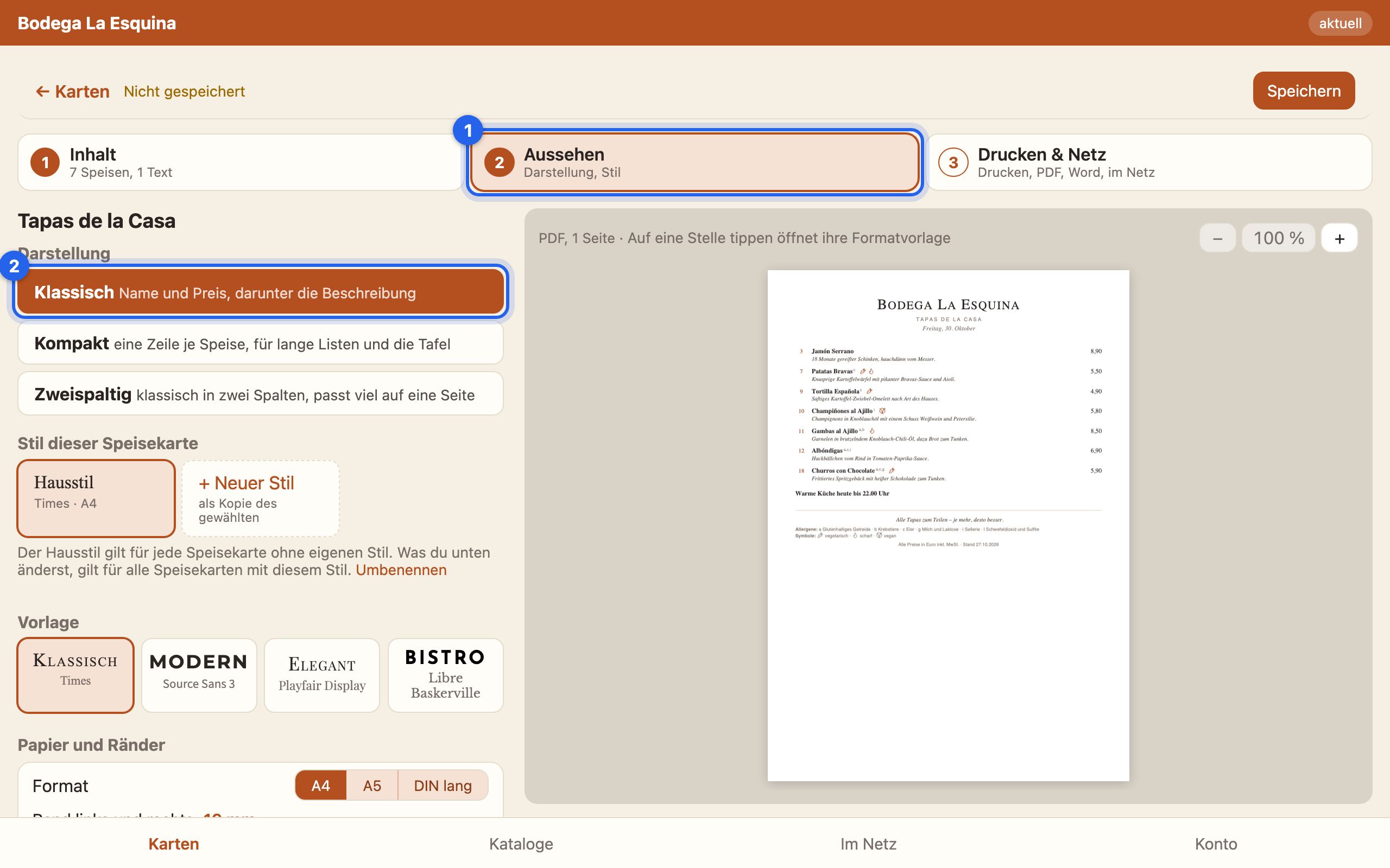 Schritt Aussehen mit der Darstellung Klassisch und dem PDF daneben