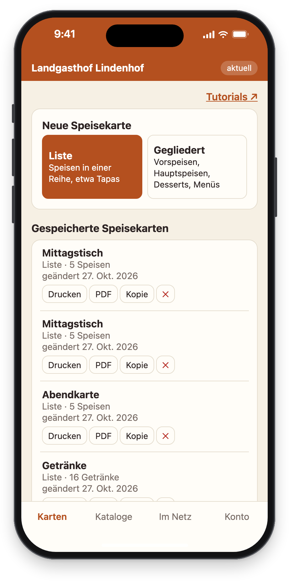 Mias Handy mit den Speisekarten des Lindenhofs
